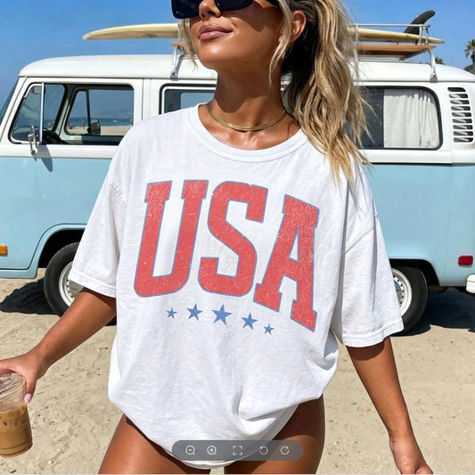 Retro USA 4th of July Printed Flag Crew Neck Sports Top - Preppy Oversized Casual Wear, Vibrant 4th Art Patriotic Statement Gift-Ready Tee, Machine Wash Safe, Fast Shipping, No Ironing