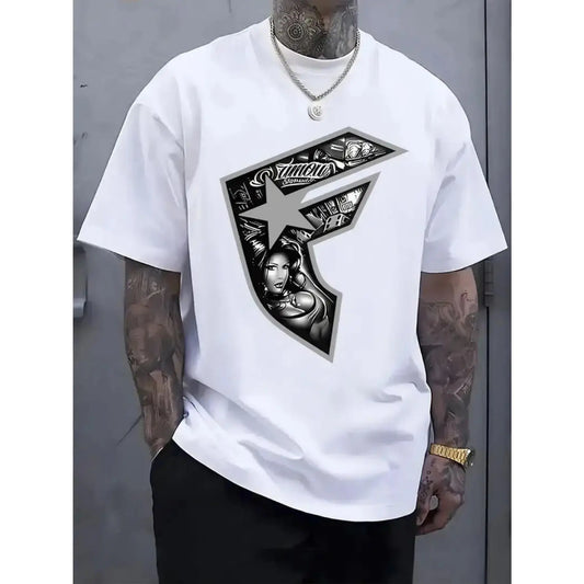 Men's Vintage 100%25 Cotton T-Shirt - Oversized Retro Streetwear Tee with Bold Geometric Print, Loose Fit Casual Shirt for Christmas Parties & Year-Round Wear, Machine Washable (Local Warehouse Stock)