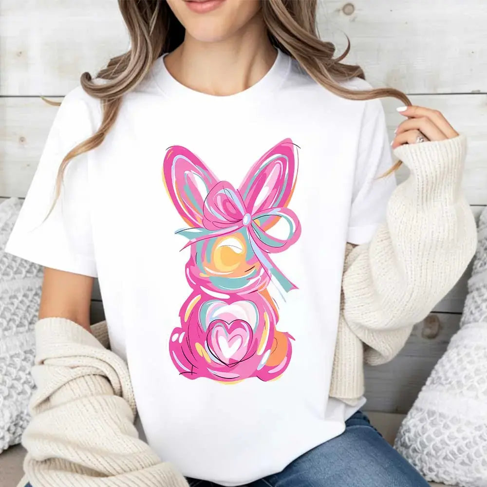 Women Casual Round Neck Short Sleeve T-Shirt White Easter Bunny With Pink Bow And Colorful Swirls Print For Spring Festival And Holiday Wear