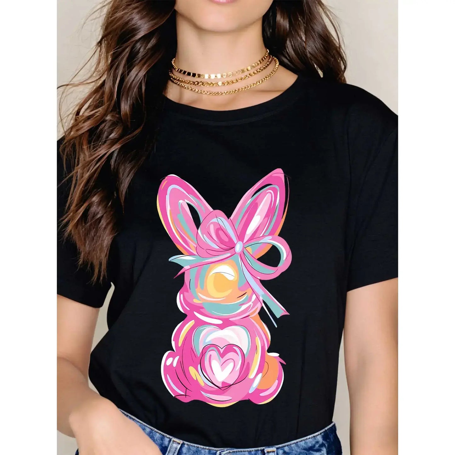 Women Casual Round Neck Short Sleeve T-Shirt White Easter Bunny With Pink Bow And Colorful Swirls Print For Spring Festival And Holiday Wear