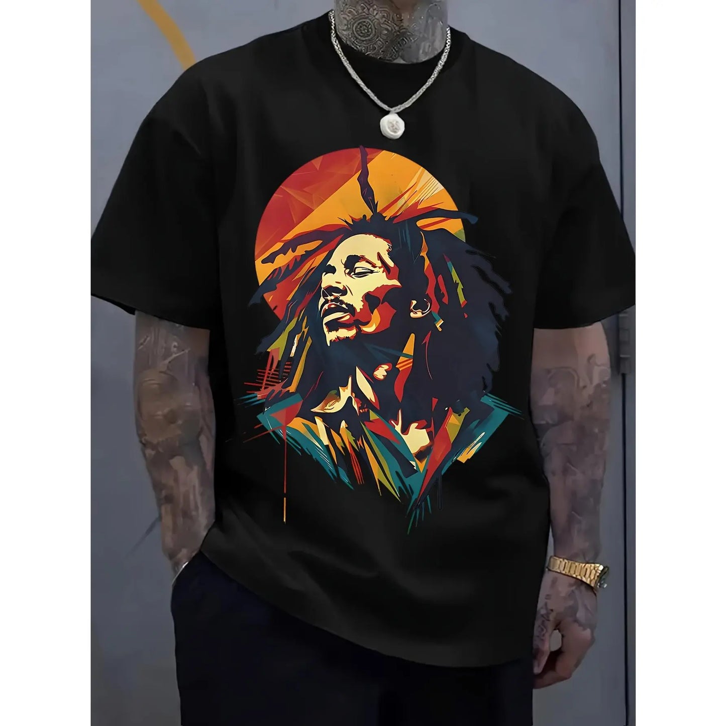 Men's Reggae Music Themed T-Shirt with Dreadlock Character Print - Breathable Fabric, Casual Short Sleeve Round Neck Top Suitable for Summer, Concerts & Festival Wear