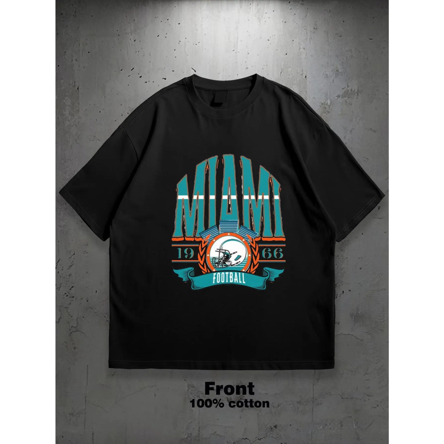 Men's Miami Football Team Graphic T-Shirt - Beige with Teal & Orange Accents, Heavyweight 100%25 Cotton Crewneck Shirt for Gym, Training, Casual Outfits - Perfect Miami Sports Fan Gift, Training Apparel, Bold Print Design, Comfortable Fit, Short Sleeve Te