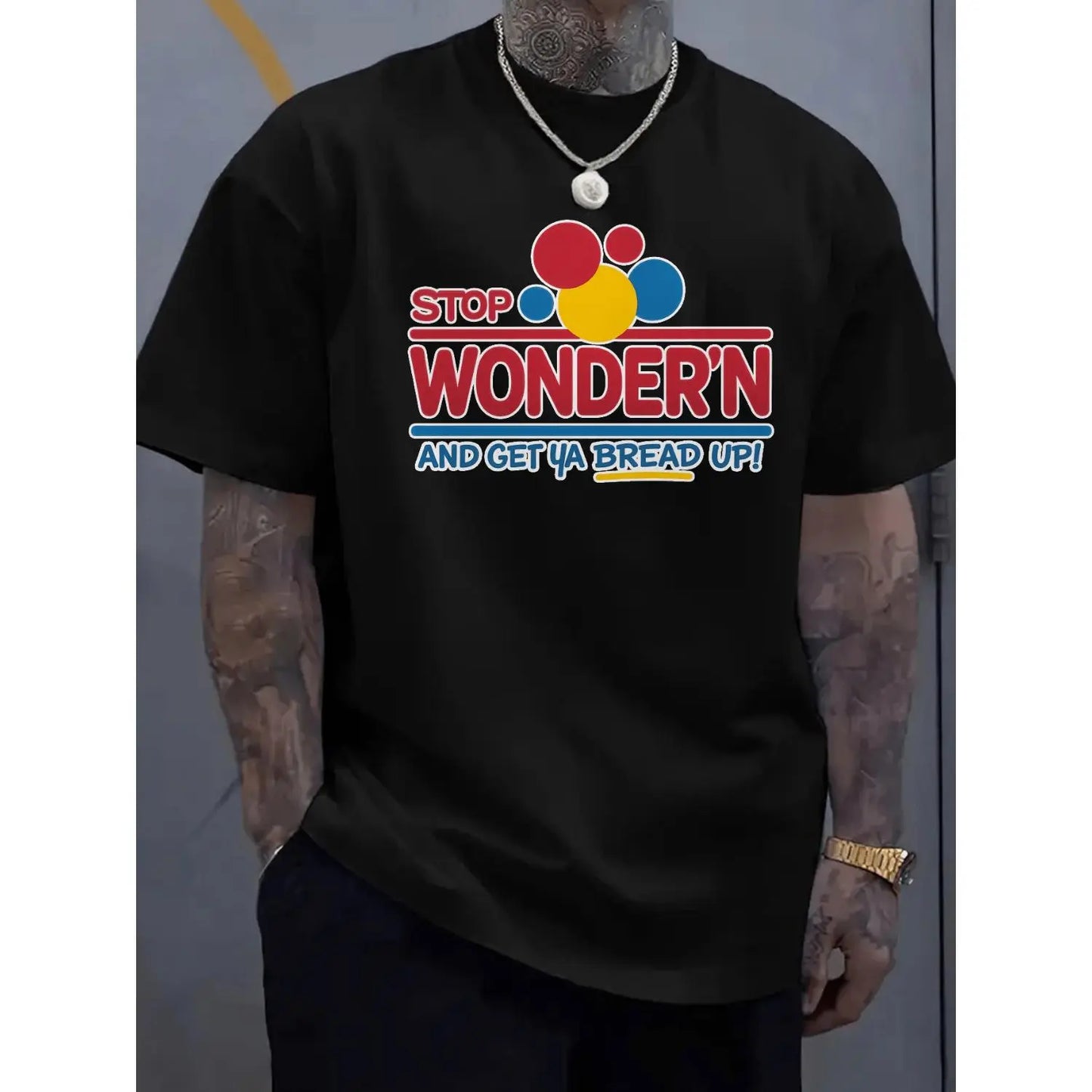 Humorous Mens Graphic TShirt Featuring Stop Wondering Get Your Bread Up Motif with Smiling Bread Slice Illustration