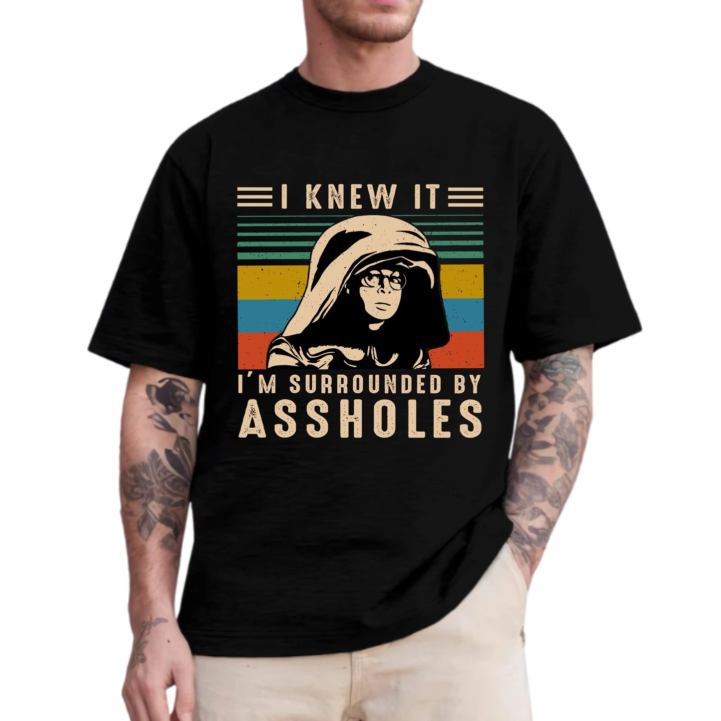 Men's Casual Fitted Round Neck Short-Sleeve Printed T-Shirt - Menswear, "I Knew It I'm Surrounded" Dark Helmet Spaceballs Inspired Unisex Graphic Tshirt