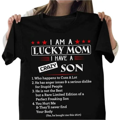 I Am A Lucky Mom I Have A Crazy Son T-Shirt, Mothers Day Shirt Gift For Mom From Son, Awesome Mom Shirt, Mom Life Shirt, Birthday Women Shirt Gift"3XL 4XL 5XL" Large size