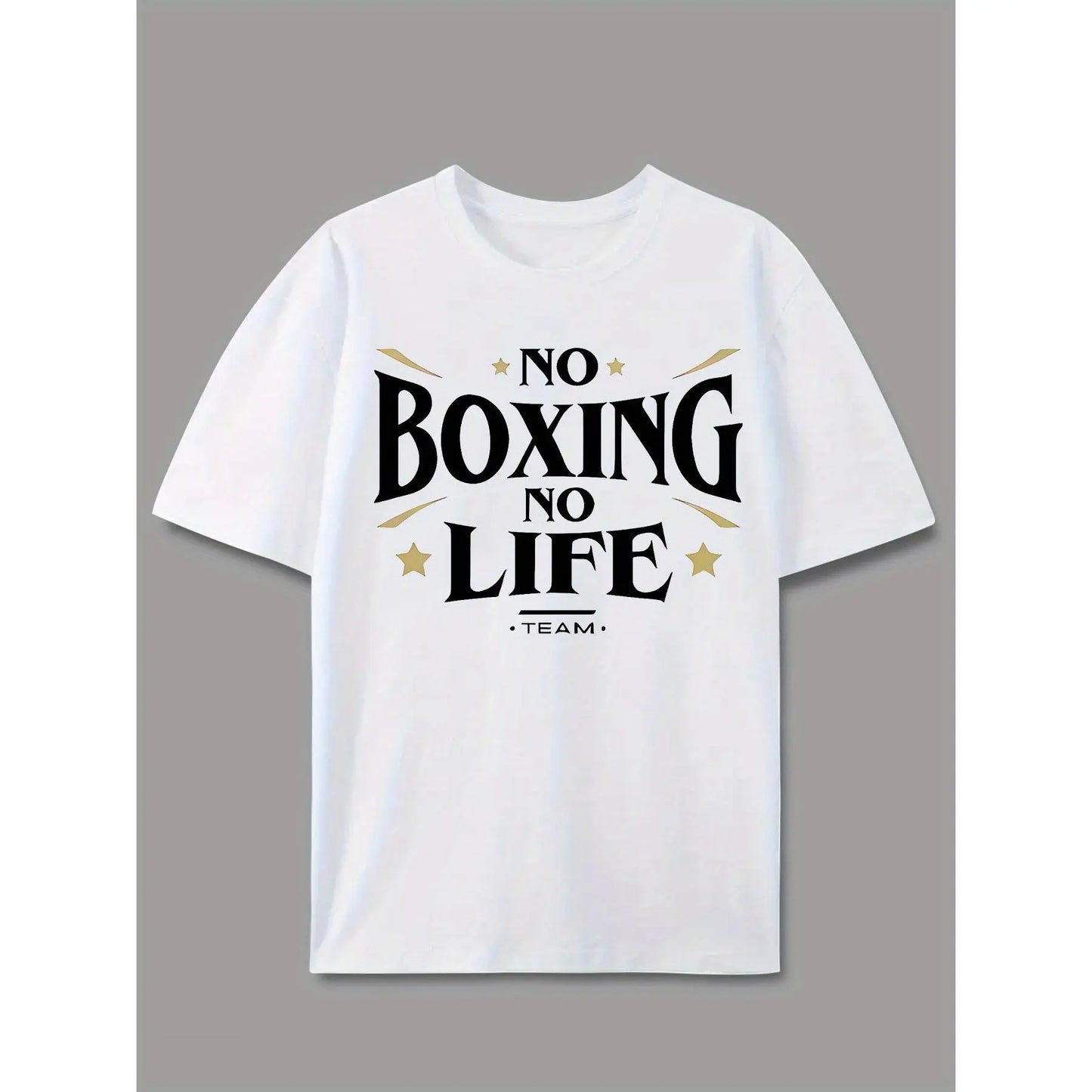 Men's Casual Short Sleeve T-Shirt with "NO BOXING NO LIFE" Graphic Print, Light Grey Regular Fit Round Neck Tee for Summer & Spring Outdoor Activities, Casual Wear, Urban Fashion, Easy Care, Printed Shirt, Streetwear Lovers, Spring Clothing, Streetwear St