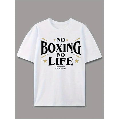 Men's Casual Short Sleeve T-Shirt with "NO BOXING NO LIFE" Graphic Print, Light Grey Regular Fit Round Neck Tee for Summer & Spring Outdoor Activities, Casual Wear, Urban Fashion, Easy Care, Printed Shirt, Streetwear Lovers, Spring Clothing, Streetwear St