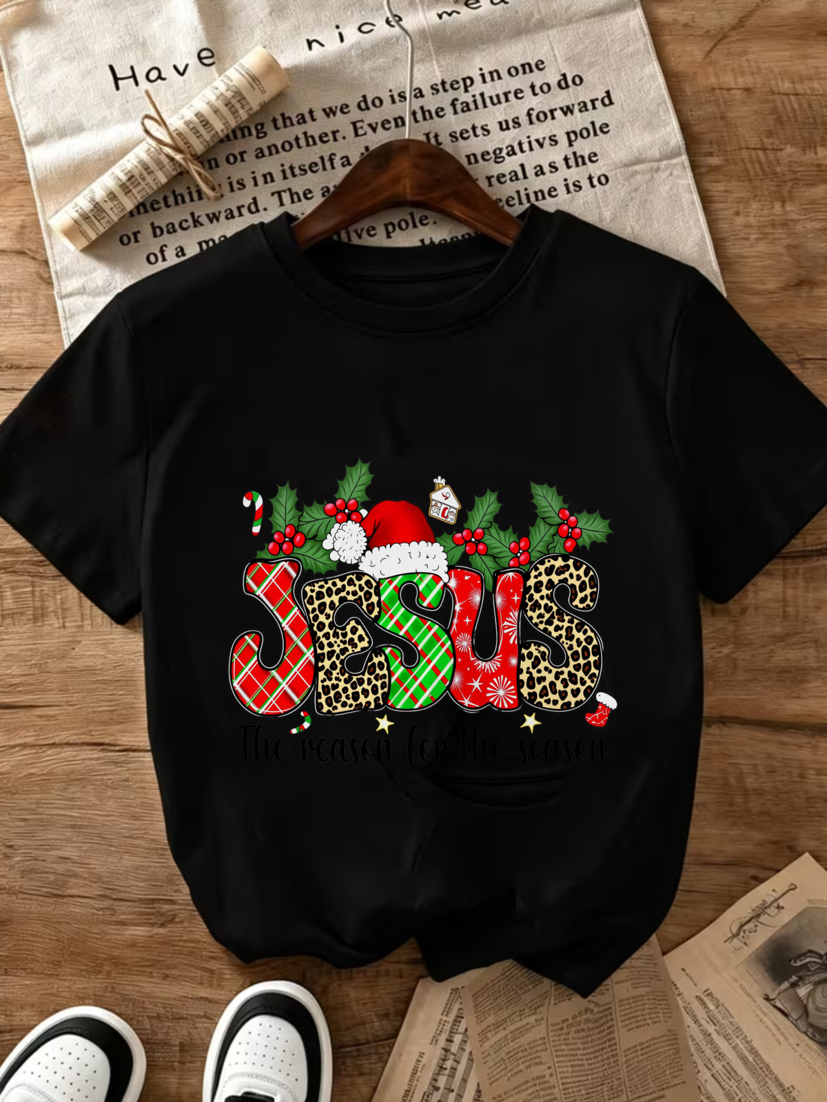 Vintage Tee, Women'S Round Neck T-Shirt, Spring Summer Fall Casual Suitable for Travel The Reason for The Season Christmas Leopard Plaid Graphic, A Stylish And Casual Choice, Attitude T-Shirt, Local Delivery