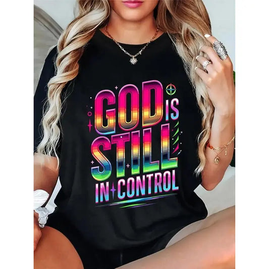 Unisex Vintage Graphic T-Shirt God Is Still In Control - Vibrant Comfortable Short Sleeve Round Neck Cotton Top for Casual Wear & Special Occasions Womenswear Black