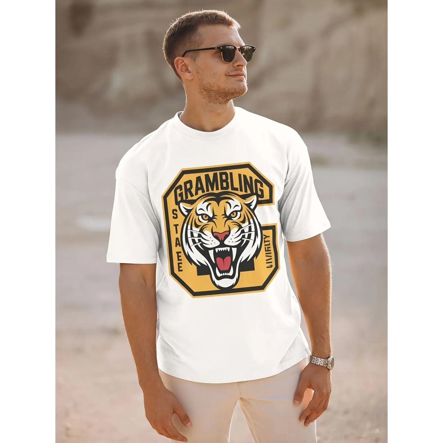 Grambling State Tigers Logo Men's Casual Short Sleeve T-Shirt - White with Orange & Yellow Geometric Tiger Graphic, Lightweight Summer Tee, Regular Fit Round Neck, Machine Washable