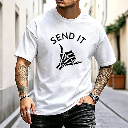 Men’s “SEND IT” skeleton Shaka hand graphic T-shirt, casual crew neck short sleeve tee, soft cotton blend, perfect for streetwear, adventure lovers, and everyday casual outfits