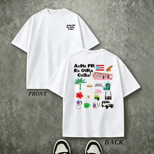 Men’s summer double-sided Puerto Rico “Boricua” graphic T-shirt, “Acho PR is another thing” collage print loose streetwear tee, 100%25 cotton breathable crew neck short-sleeve top, casual shirt featuring Puerto Rican flag culture for everyday vacation wea