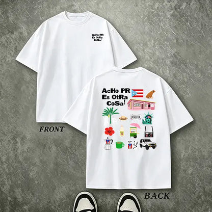 Men’s summer double-sided Puerto Rico “Boricua” graphic T-shirt, “Acho PR is another thing” collage print loose streetwear tee, 100%25 cotton breathable crew neck short-sleeve top, casual shirt featuring Puerto Rican flag culture for everyday vacation wea