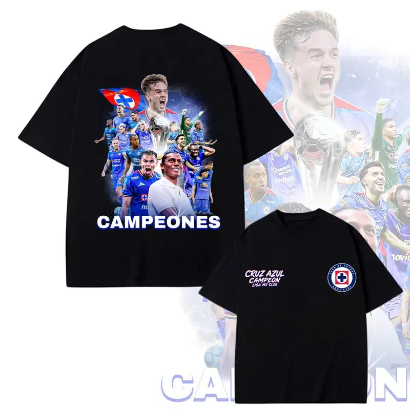 Unisex 2026 Cruz Azul Liga MX Champion Round Neck Short-Sleeve Graphic Tshirt, Club Soccer Fan Top with Printed Front & Double-Side Print for Fan Events, Casual Streetwear Tee