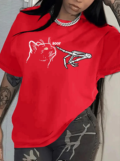 T-Shirt with a Cat And Skeleton Hand Design, Short-Sleeved Casual Round Neck Top, Spring And Summer Women'S Clothing