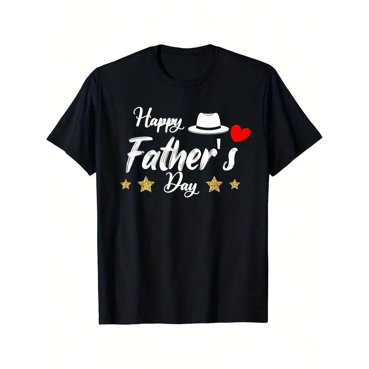 Men's 180GSM Heavyweight Cotton Tshirt - Relaxed Fit Short Sleeve Classic Fabric Crew Neck Shirt, Father's Day Gift for Dad, White Text, Golden Stars, Red Heart, All-Season Comfort, Machine Washable