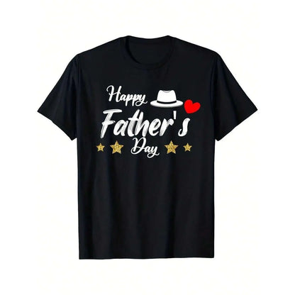 Men's 180GSM Heavyweight Cotton Tshirt - Relaxed Fit Short Sleeve Classic Fabric Crew Neck Shirt, Father's Day Gift for Dad, White Text, Golden Stars, Red Heart, All-Season Comfort, Machine Washable