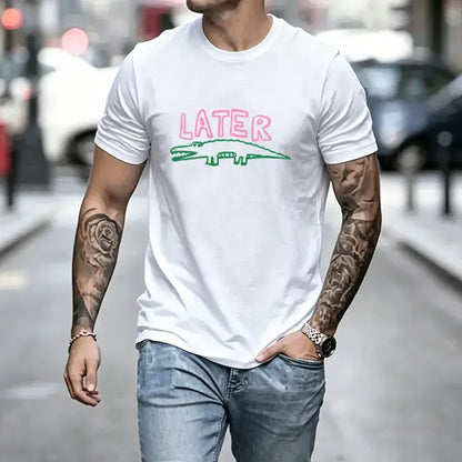Men’s “Later” crocodile graphic T-shirt featuring playful pink text and a green alligator print, made from a soft cotton blend—perfect for casual style enthusiasts, animal print fans, and everyday relaxed outfits.