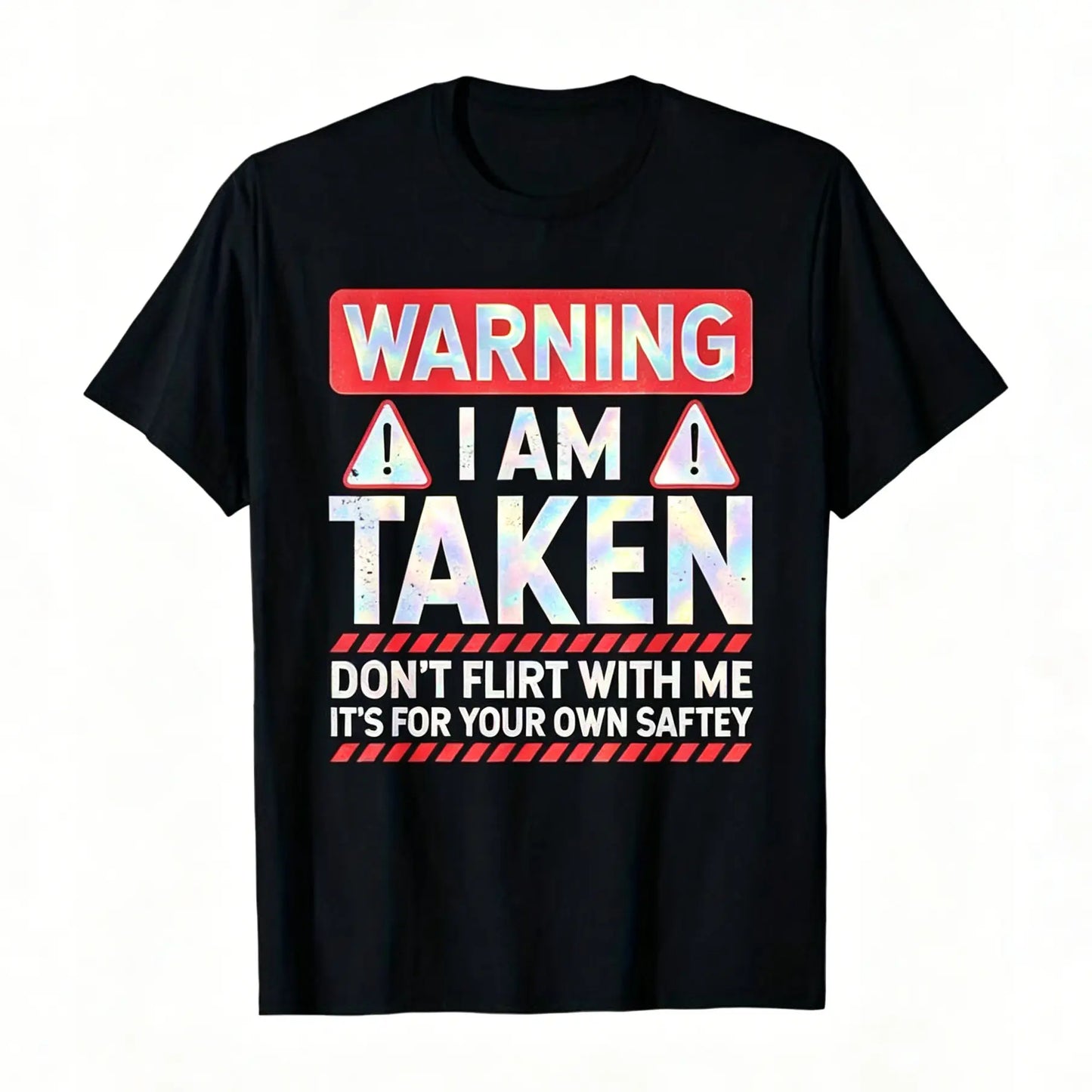 Men's Short-Sleeve Round Neck Funny Taken Husband Warning T-Shirt - Menswear - Don't Flirt with Me Graphic - Black with Red/White Caution Signs - Married Status Apparel - Regular Fit Casual - Machine Washable All-Season Top Tshirt