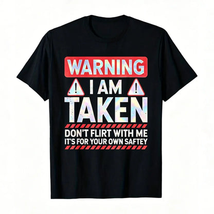 Men's Short-Sleeve Round Neck Funny Taken Husband Warning T-Shirt - Menswear - Don't Flirt with Me Graphic - Black with Red/White Caution Signs - Married Status Apparel - Regular Fit Casual - Machine Washable All-Season Top Tshirt