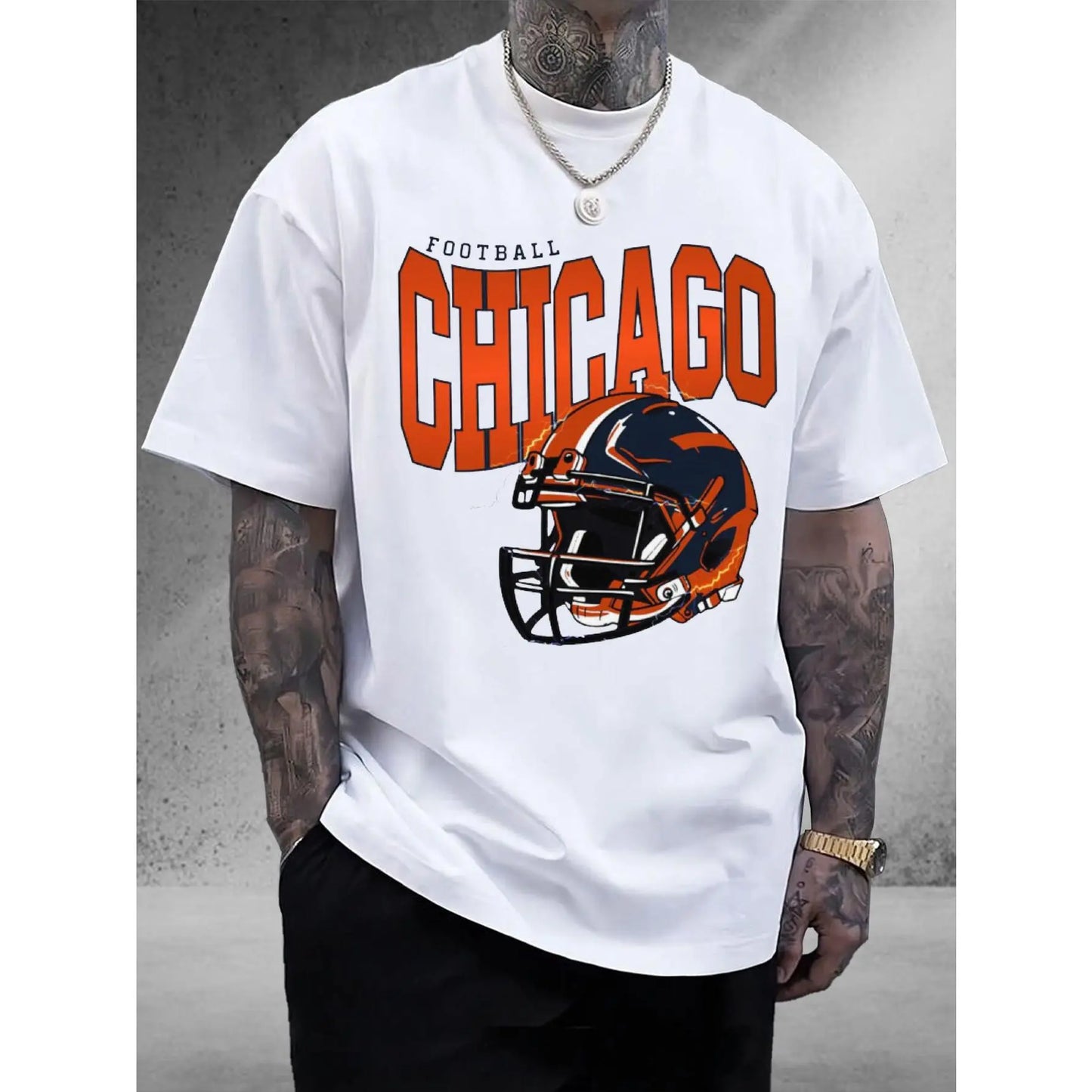 Men'S Chicago Football Helmet Graphic T-Shirt - 100%25 Cotton, Unisex Sports Fan Apparel, Comfortable Fit, Perfect for Casual Outfits & Team Spirit, Casual Wear | Chicago Theme | Durable Cotton