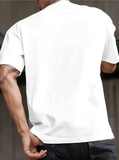 A men's casual white T-shirt with a black print of "ECKO UNITO" - made of lightweight polyester blend fabric, short sleeves, round neck, suitable for summer outdoor activities.