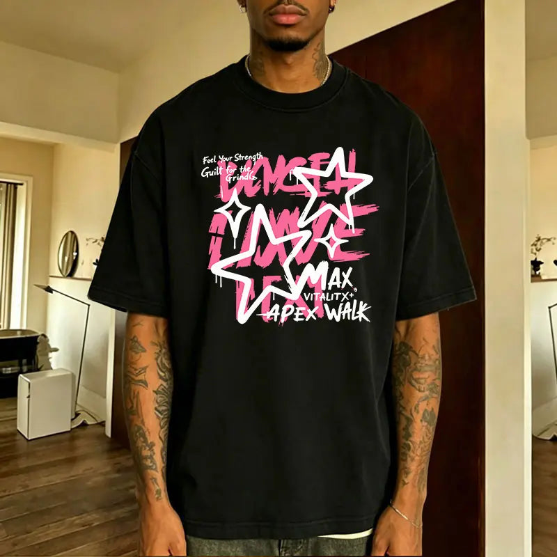 Men’s graffiti star graphic T-shirt, streetwear-inspired “Feel Your Strength” quote tee, casual crew neck top, bold urban style shirt for everyday wear, street outings, casual meetups, and nights out