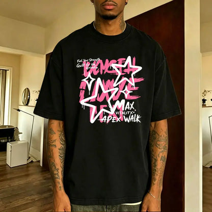 Men’s graffiti star graphic T-shirt, streetwear-inspired “Feel Your Strength” quote tee, casual crew neck top, bold urban style shirt for everyday wear, street outings, casual meetups, and nights out