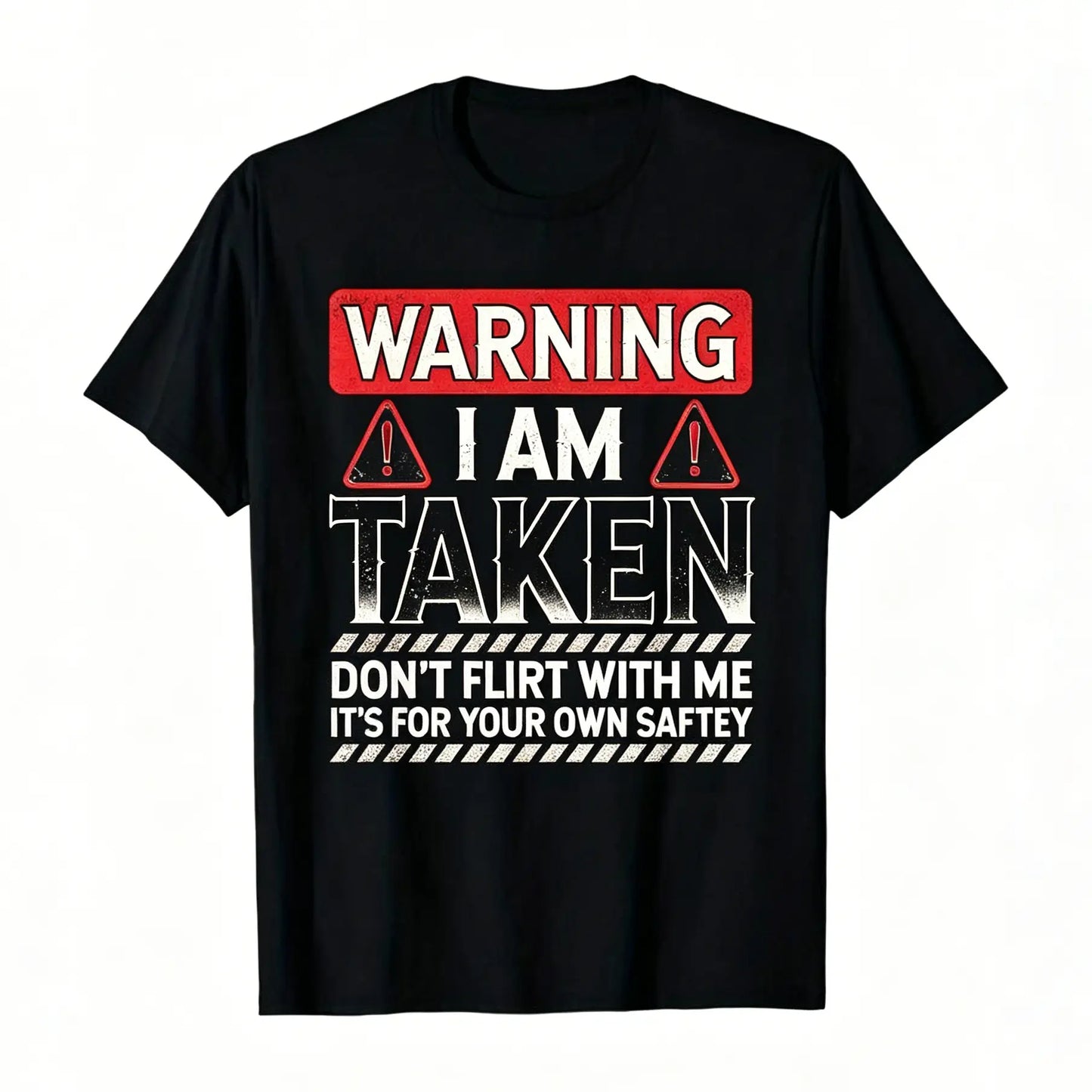Men's Short-Sleeve Round Neck Funny Taken Husband Warning T-Shirt - Menswear - Don't Flirt with Me Graphic - Black with Red/White Caution Signs - Married Status Apparel - Regular Fit Casual - Machine Washable All-Season Top Tshirt