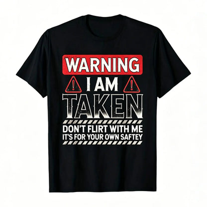 Men's Short-Sleeve Round Neck Funny Taken Husband Warning T-Shirt - Menswear - Don't Flirt with Me Graphic - Black with Red/White Caution Signs - Married Status Apparel - Regular Fit Casual - Machine Washable All-Season Top Tshirt