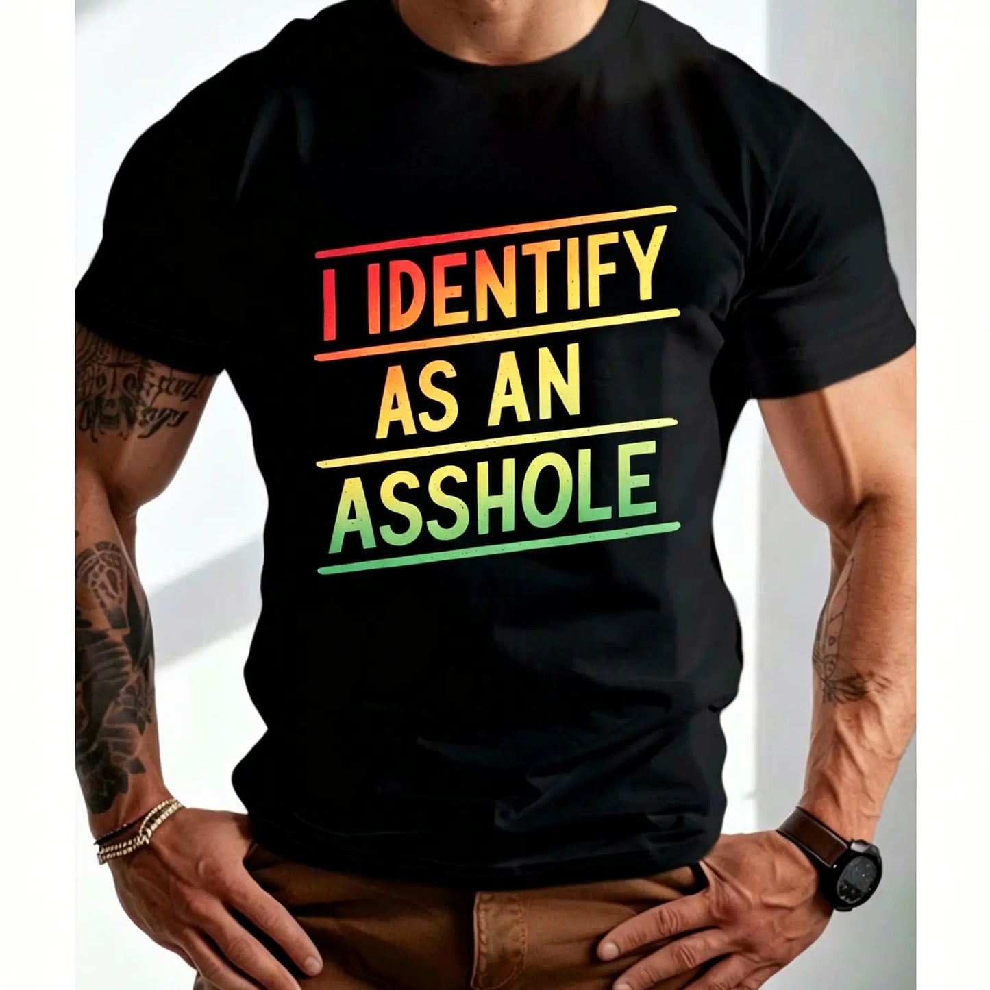 Men's Plus Size "I Identify As An" Graphic Shirt - Bold Statement Mensfashion Casual T-Shirts, Relaxed Fit Short Sleeve, Glossy Polyester Blend, Machine Washable, All-Season Comfort for Casual Attire & Gym Workouts Gym Apparel