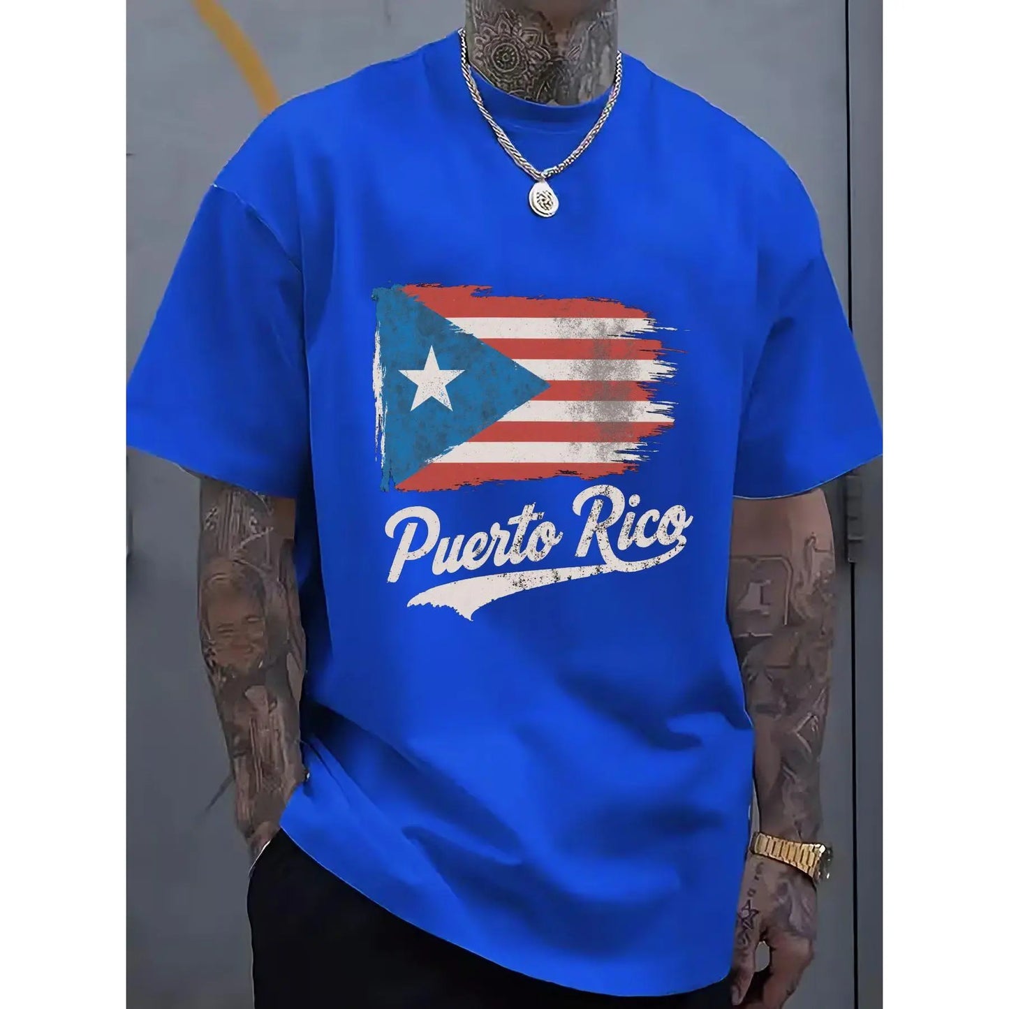 100%25 Single-Sided Crew Neck T-shirt | Distressed Puerto Rican Flag with Puerto Rico Text in White Cursive Font, Multicolor, Casual Outfit, Perfect for Festival Gift Giving