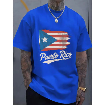 100%25 Single-Sided Crew Neck T-shirt | Distressed Puerto Rican Flag with Puerto Rico Text in White Cursive Font, Multicolor, Casual Outfit, Perfect for Festival Gift Giving