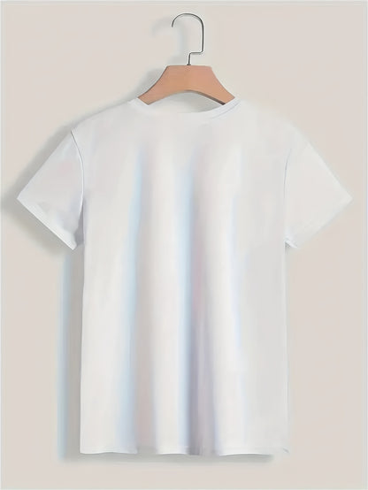 Women's T-shirt, Pink Floral and Heart Pattern| Loose Fit, Round Neck, Slightly Stretchy, Retro Style, Suitable for All Seasons, Casual Top, Perfect for Spring, Summer, and Autumn, a Wardrobe Essential.