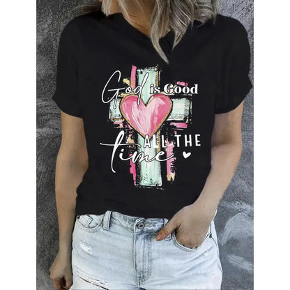 [100%25 Cotton] Women'S 100%25 Cotton Casual T-Shirt With "God Is Good All The Time" Print & Pink Heart Cross Design - Loose Fit Round Neck Short Sleeve Breathable Knit Top For Summer, Outdoor Camping, Holiday Gifts & All-Season Wear T-Shirt For Men And