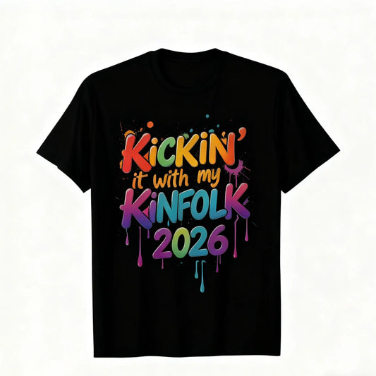 Menswear Streetwear 2026 Kickin It with My Kinfolk Family Reunion Short-Sleeve T-Shirt - Black, Neon Glow-in-the-Dark Double Print, Vintage Metalcore Cadena, Round Neck Adult Casual T-Shirts, Machine Washable Group Matching Night Event Top