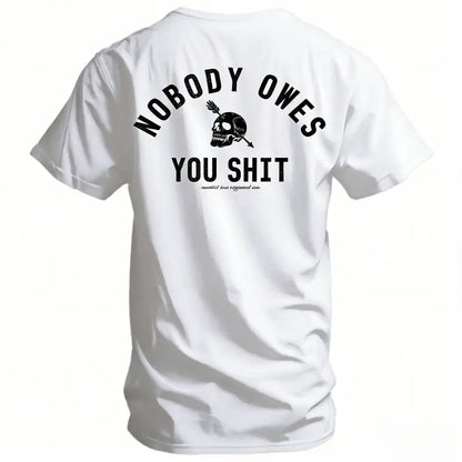 Nobody Owes You Shit Skull Men’s T-Shirt – Tactical Motivational Graphic Tee by Combat Iron Co, Veteran Military Mindset Shirt, Gym Grind Alpha Lifestyle Apparel