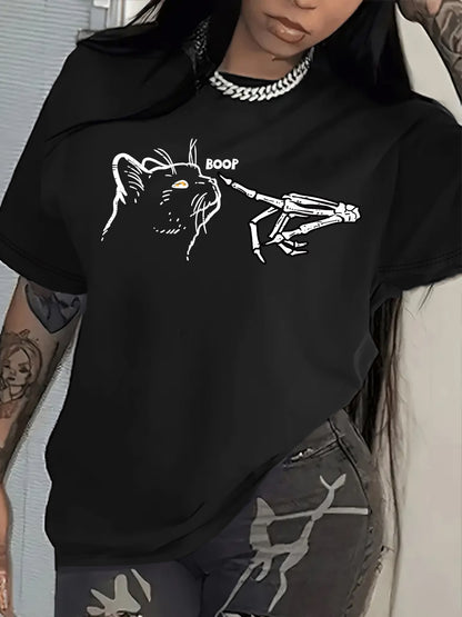 T-Shirt with a Cat And Skeleton Hand Design, Short-Sleeved Casual Round Neck Top, Spring And Summer Women'S Clothing