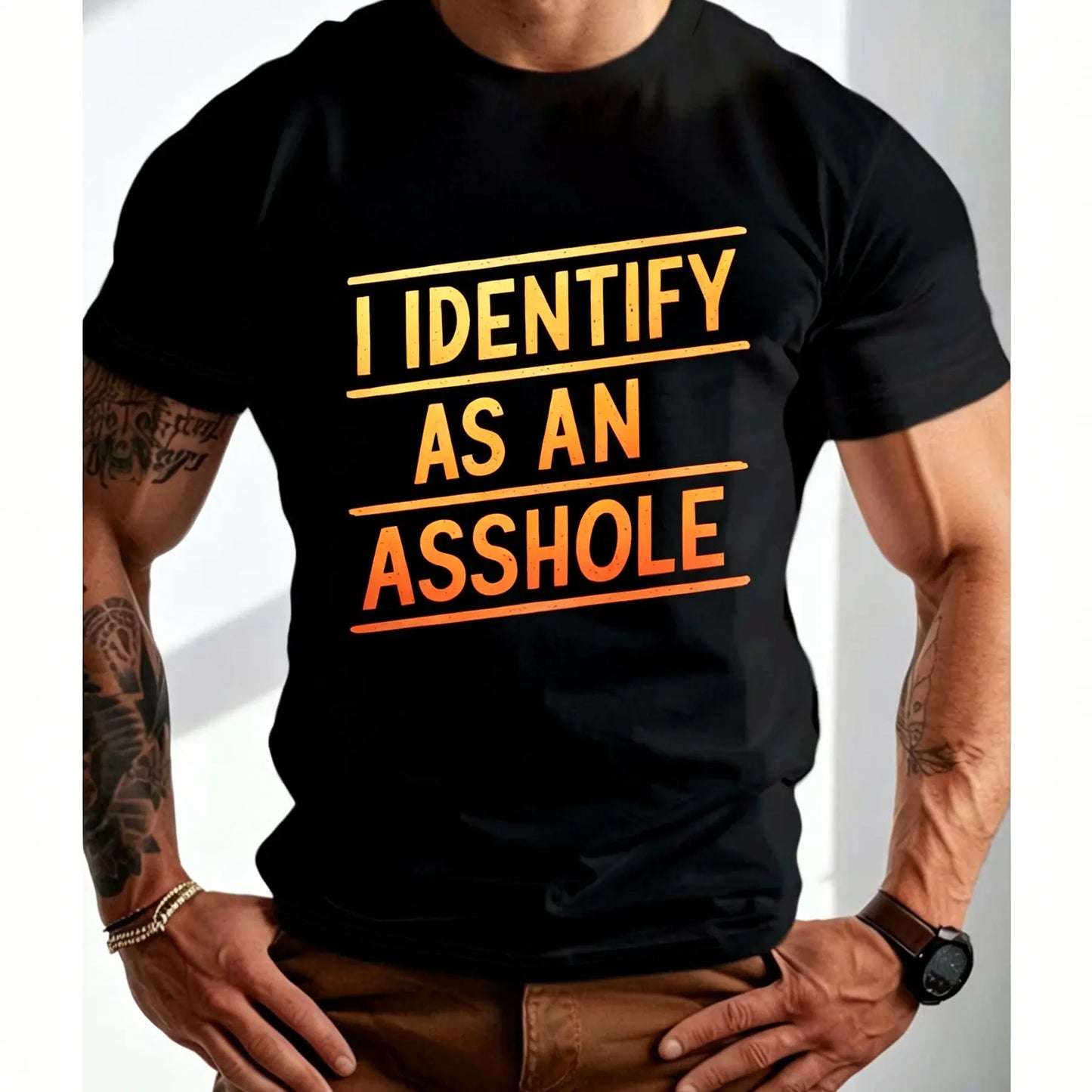 Men's Plus Size "I Identify As An" Graphic Shirt - Bold Statement Mensfashion Casual T-Shirts, Relaxed Fit Short Sleeve, Glossy Polyester Blend, Machine Washable, All-Season Comfort for Casual Attire & Gym Workouts Gym Apparel