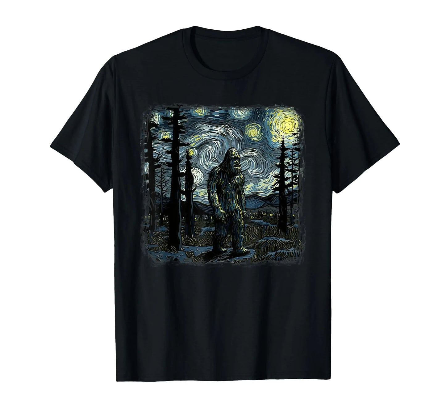 Starry Night Sasquatch Van Gogh Sky Painting Art T-Shirt
