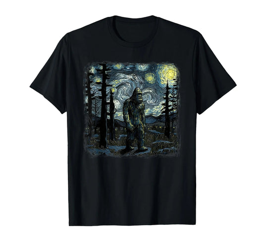 Starry Night Sasquatch Van Gogh Sky Painting Art T-Shirt