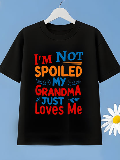 Boys' Fashion 'I'M Not Spoiled, My Grandma Loves Me' Monogram Print Short Sleeve T-Shirt, Comfortable Breathable Fabric for Sports & Casual Wear, Fun Print, Lightweight Pattern, Comfortable Summer Dress, Machine Washable Short Shirt