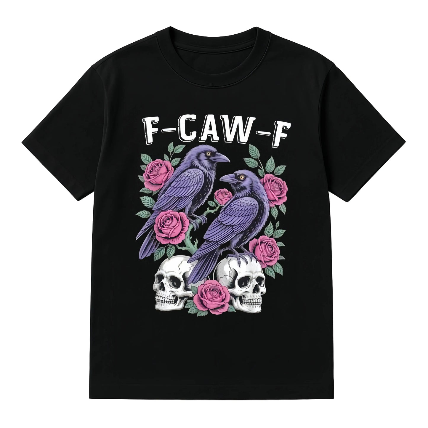 Gothic Black Crow F-Caw-F Graphic Tee Unisex Cotton T-Shirt for Men Women Loose Fit Soft Fabric Casual Streetwear Top