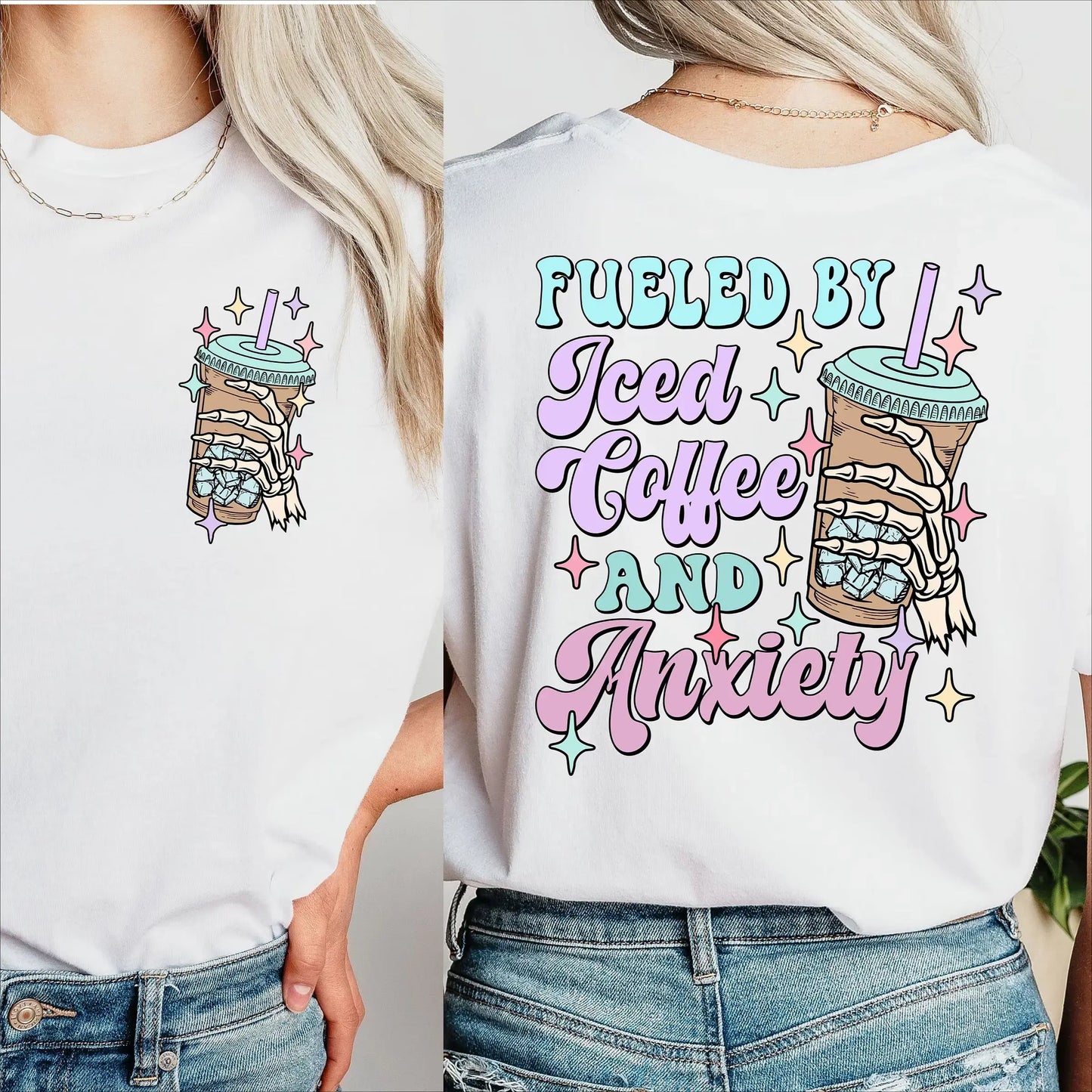 Fueled by Iced Coffee and Anxiety Shirt, Skull T-shirt, Skellington Coffee, Mental Health , Gift for Mama, Coffee Lover