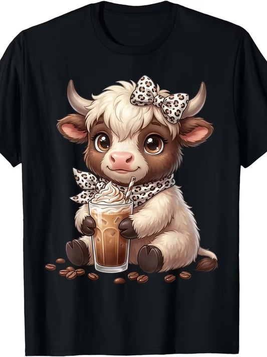 STUDDED SPACETIME Scottish Highland Cow T-Shirt - Retro Scottish Cow Drinking Iced Coffee, Unisex Loose Fit Casual Tee Suitable for Men & Women, for Halloween, Christmas Gifts, Birthday Outfits, Back to School Apparel