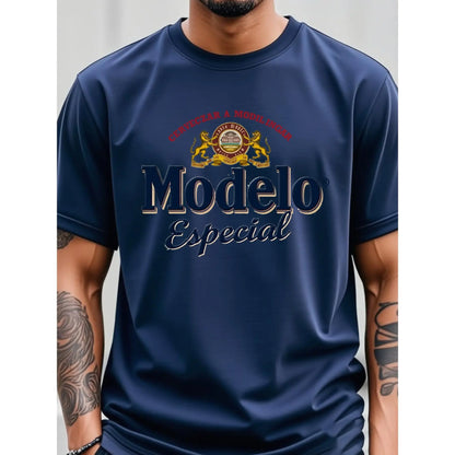Modelo Especial Beer Logo Graphic T-Shirt - Black Casual Crew Neck Short Sleeve Tee, Super Soft & Breathable Cotton Blend Top, Unisex Streetwear Apparel for Beer Enthusiasts & Drinking Parties, Summer Casual Attire - Perfect Cool & Stylish Gift for M