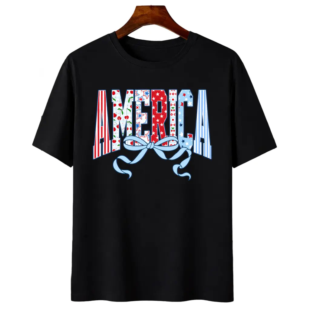 USA Bow T-shirt, Patriotic Graphic Tee, Red White Blue Shirt, Americana Tee, 4th of July Stars and Stripes T-shirt