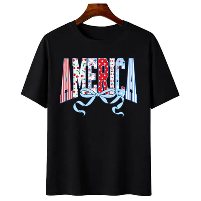 USA Bow T-shirt, Patriotic Graphic Tee, Red White Blue Shirt, Americana Tee, 4th of July Stars and Stripes T-shirt