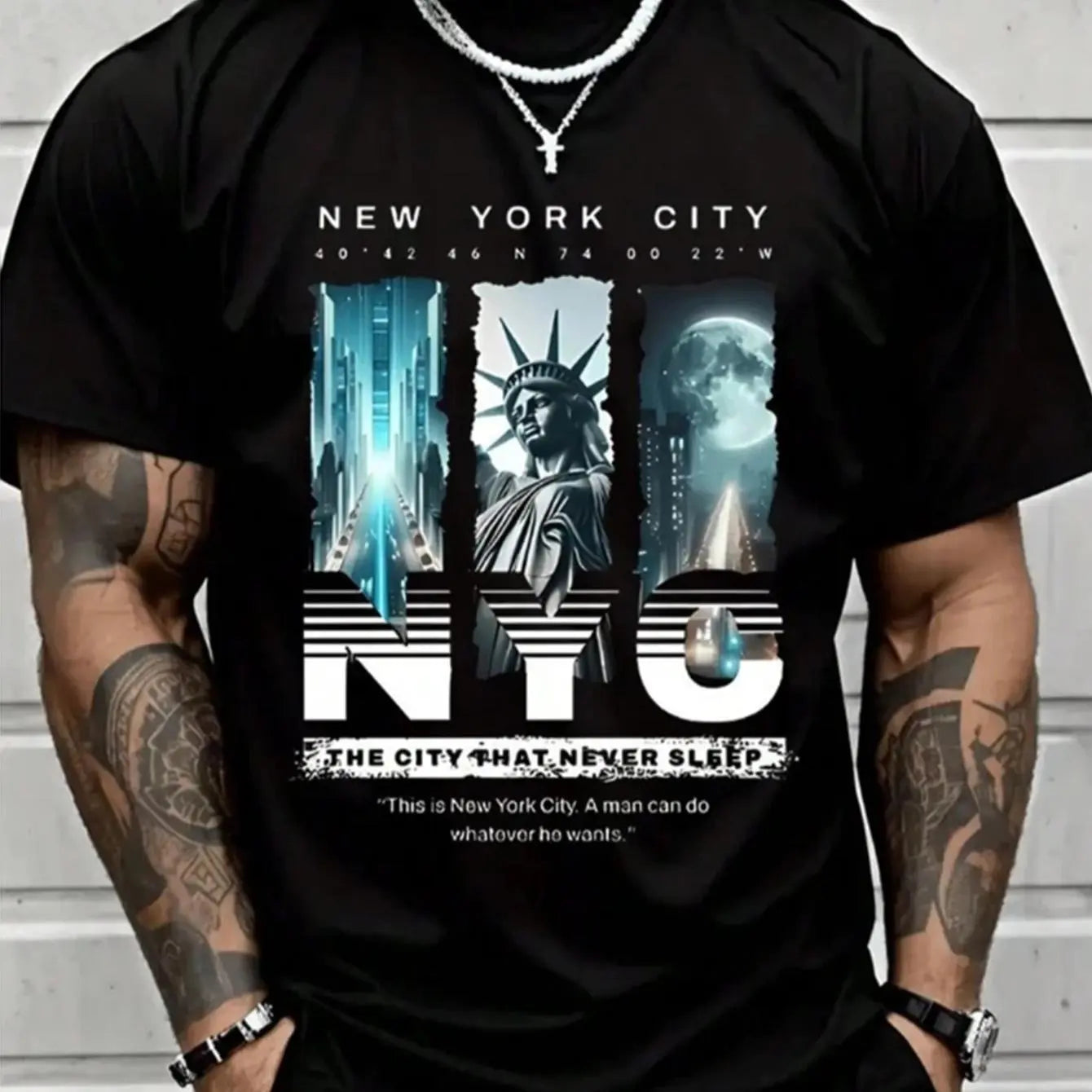 Men’s NYC “Eternal City” printed T-shirt, New York street-style short sleeve, Statue of Liberty themed casual top. tiktokshopspringglowup