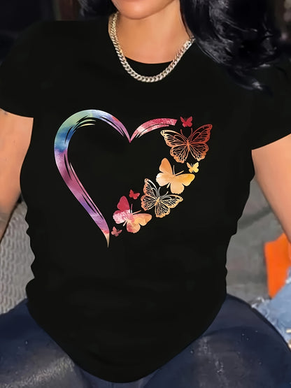 Plus Size Women's Elegant Heart & Butterfly Print T-Shirt - Vibrant Multicolor Design, Round Neck, Machine Washable, Spring Summer Fall Casual Top, Ladies T-shirts, Opaque Fabric Shirt